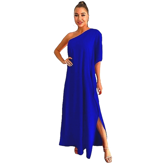 BEAUTIFUL ONE SHOULDER COBALT BLUE GODDESS GREEK STYLE DRESS NWOT - Picture 3 of 12